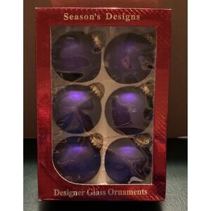 Vtg Season's Designs Purple Designer  Crown Top Glass Ornaments Set Of 6